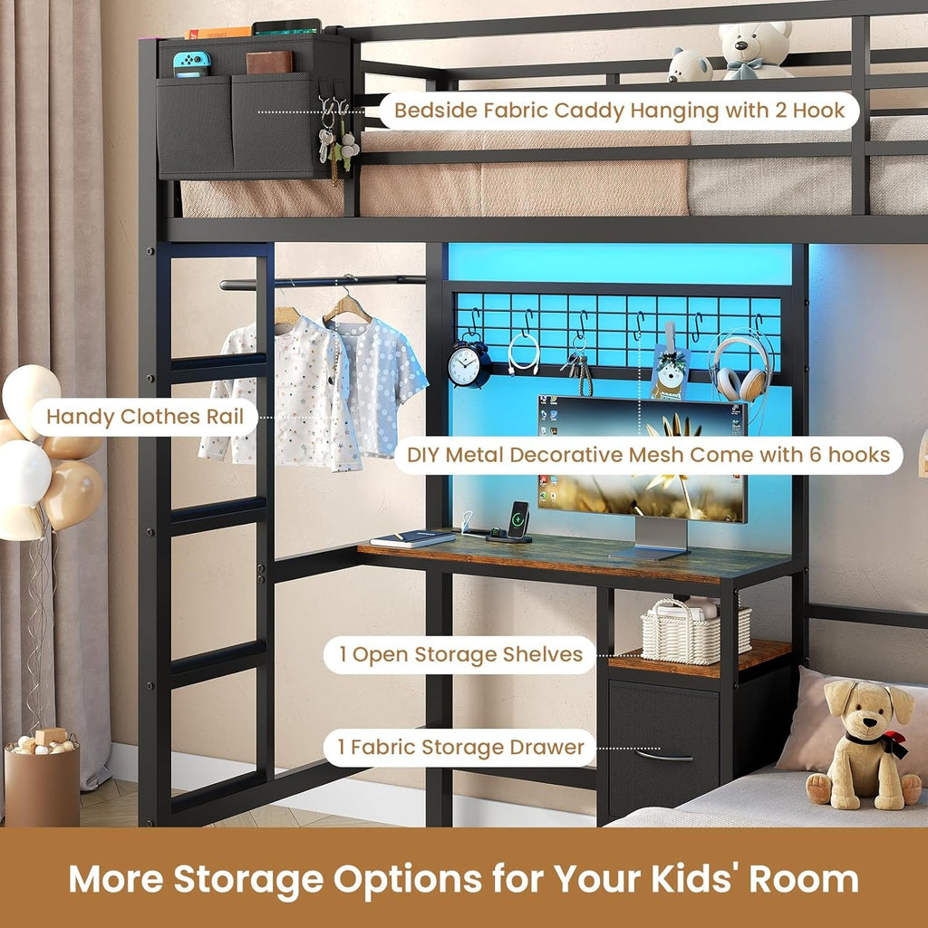 Mabor Metal Bunk Bed with Desk Twin Over Twin Size Bunk Bed with Charging Station and LED Lights, Twin Size Loft Bed Frame with Storage Shelves and Drawers for Bedroom, No Box Spring Needed, Black