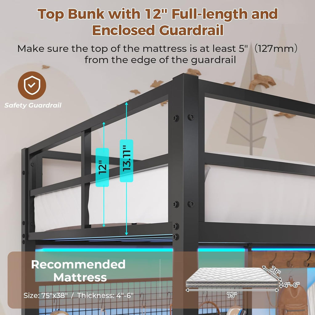 Twin Size Loft Bed with L-Shaped Desk&LED Lights&Charging Station, Twin Metal Loft Bed with Storage Shelves&Drawers,Top Bunk with Safety Guard & Stair, Black
