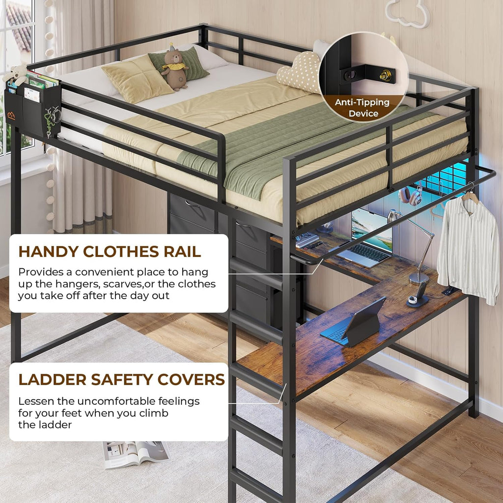 Mabor Twin/Full Size Loft Bed Frame with L-Shaped Desk & Charging Station & LED Lights & 7 Storage Drawers for Bedroom, Black/White