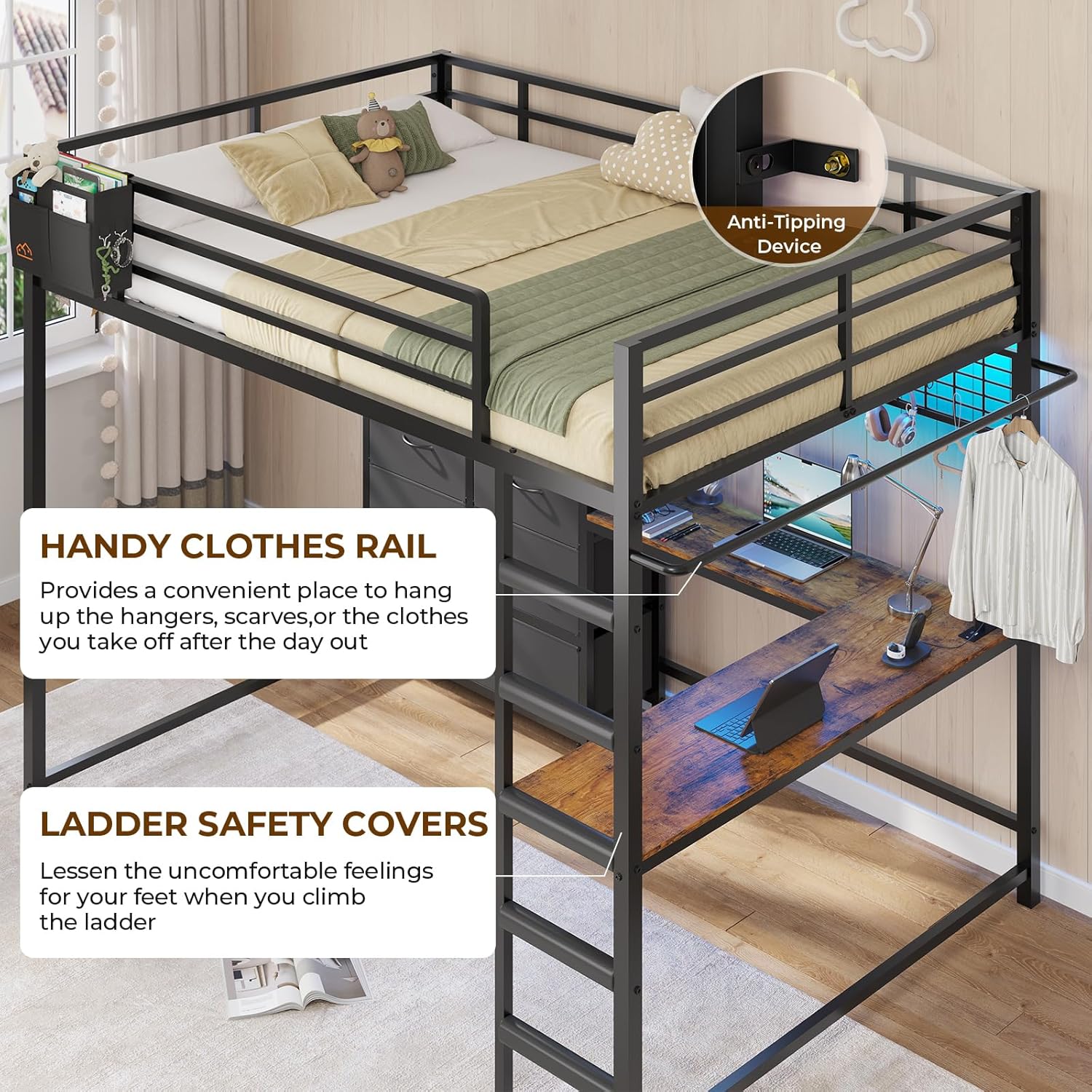 Mabor Twin/Full Size Loft Bed Frame with L-Shaped Desk & Charging Station & LED Lights & 7 Storage Drawers for Bedroom, Black/White