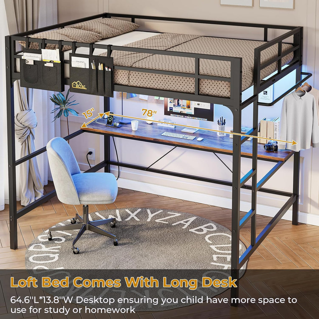 Loft Bed Frame Full Size Heavy Duty Metal Loft Bed with Desk&Charging Station&Led Lights&Clothes Rail, Safety Guard & Ladder, No Noise, Black