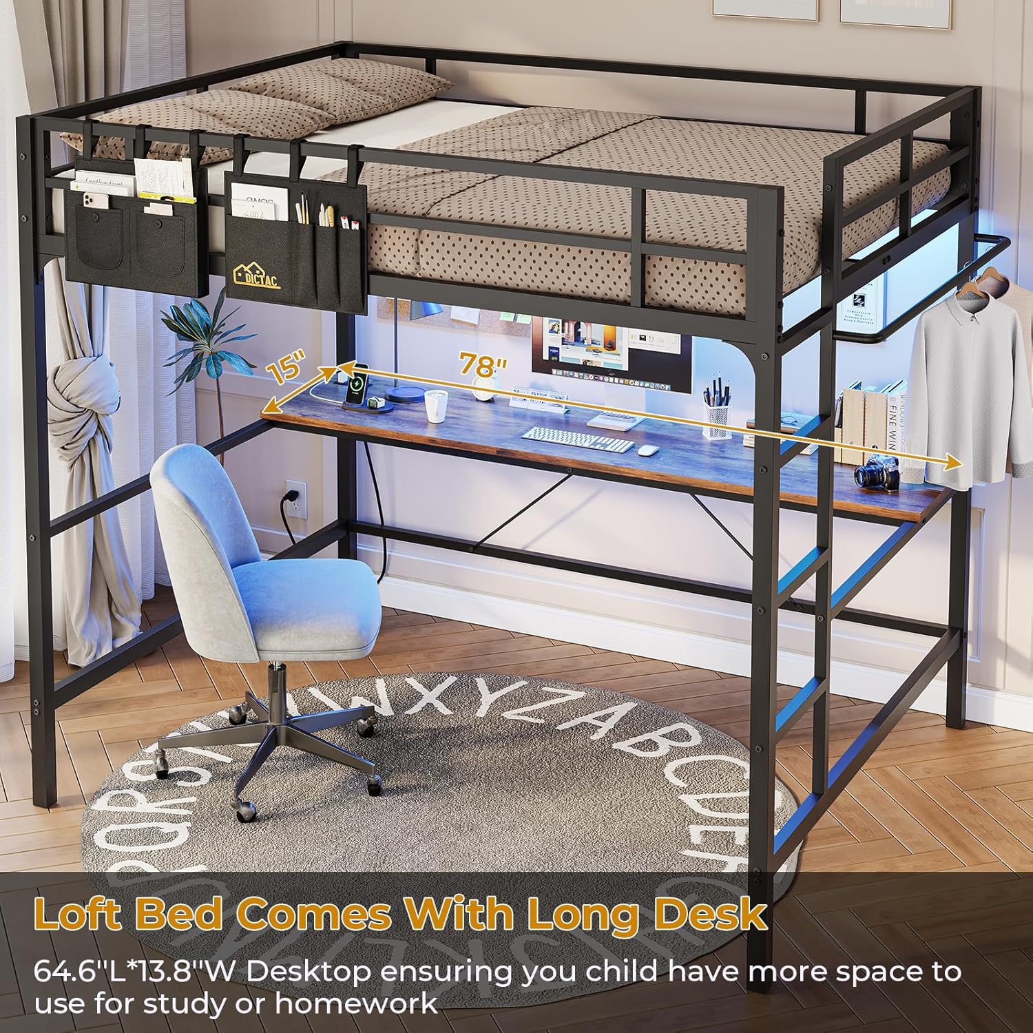 Loft Bed Frame Full Size Heavy Duty Metal Loft Bed with Desk&Charging Station&Led Lights&Clothes Rail, Safety Guard & Ladder, No Noise, Black