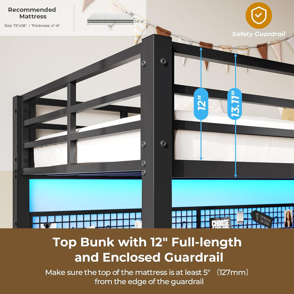 Twin Over Twin Metal Bunk Bed with Desk, Twin Size Loft Bed with Led Lights and Charging Station, Safety Guard and Stair, Convertible Metal Bunk Bed