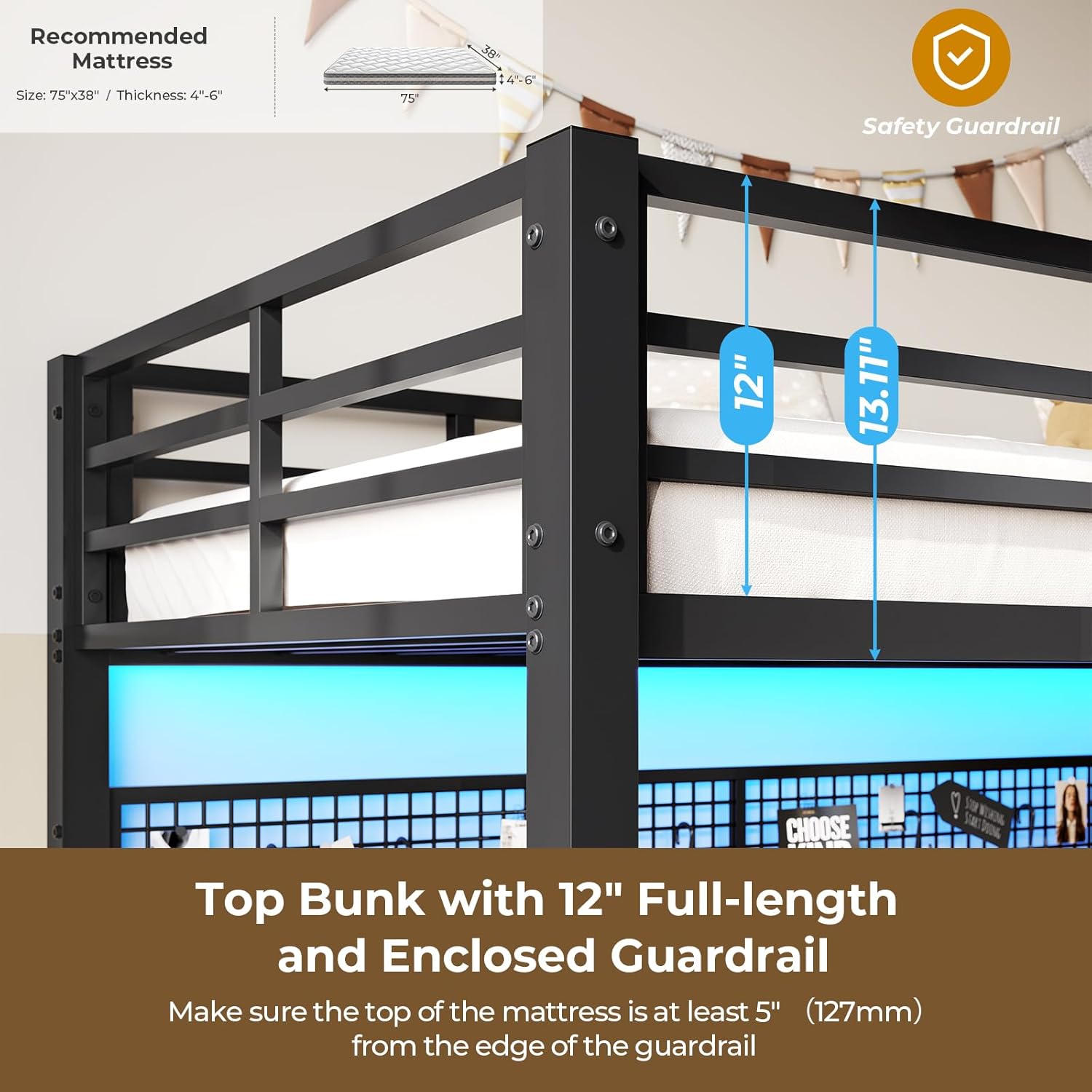 Twin Over Twin Metal Bunk Bed with Desk, Twin Size Loft Bed with Led Lights and Charging Station, Safety Guard and Stair, Convertible Metal Bunk Bed