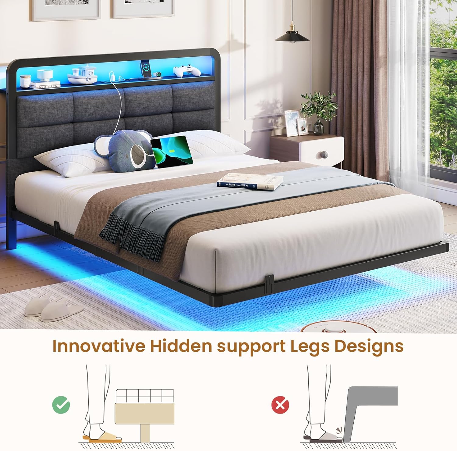Mabor Floating Bed Frame with Storage Headboard and Charging Station and LED Lights, Full/Twin Size