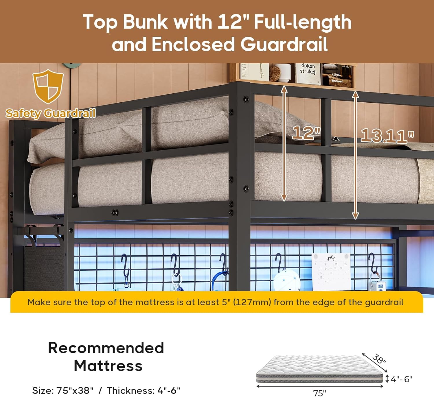 Full Over Twin Size Bunk Bed with Desk&Charging Station&LED Lights&Drawers&Storage Shelves, Full Over Twin Metal Loft Bed for Adults, No Box Spring Needed, White