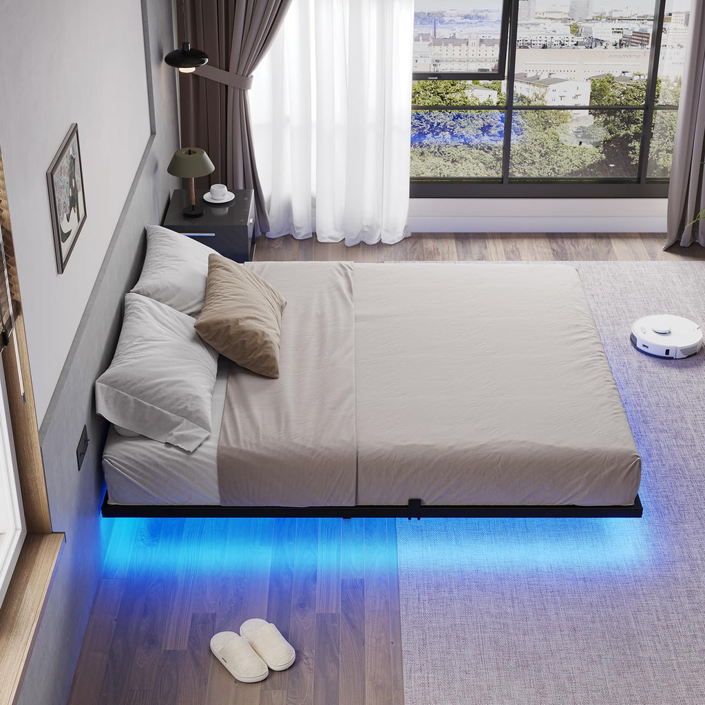 Mabor Metal Floating Bed Frame with LED Lights for Bedroom,No Box Spring Needed,Black/White