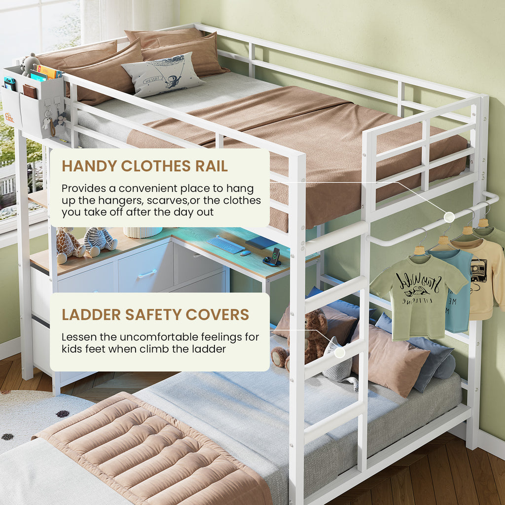 L-Shaped Bunk Bed Twin XL Over Twin Size Metal Bunk Bed with Charging Station and LED Lights and Drawers&Shelves for Bedroom, White
