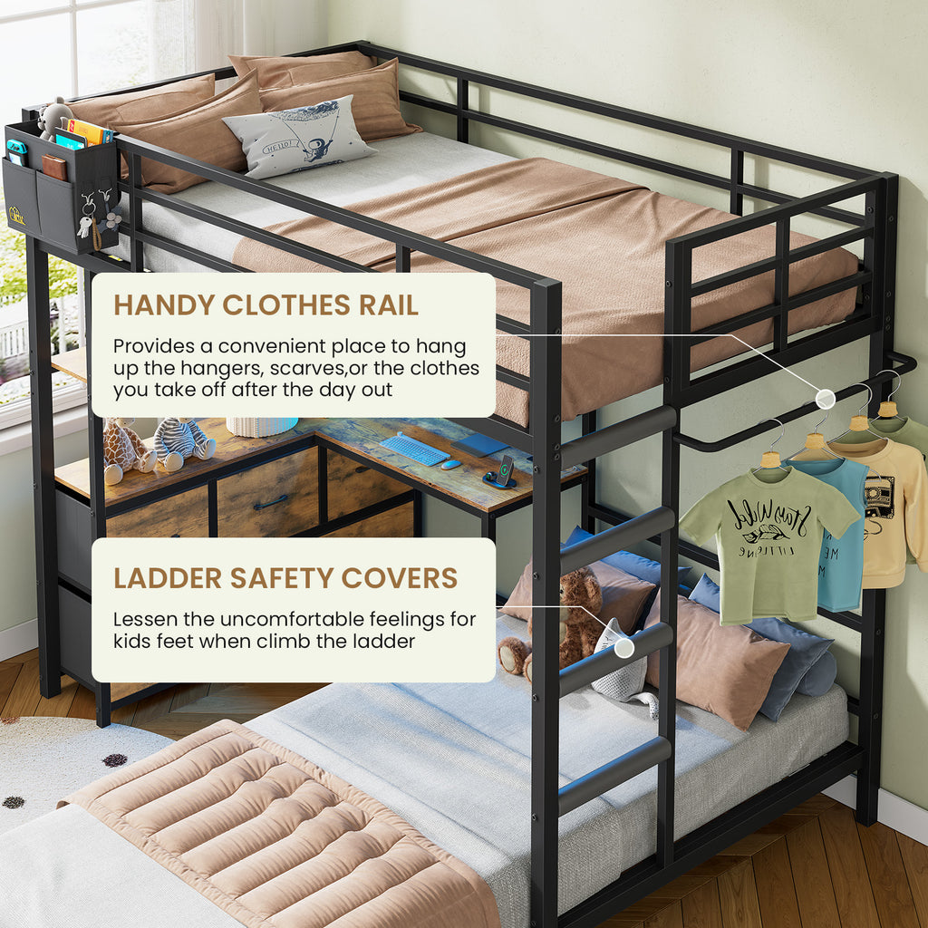 L-Shaped Bunk Bed Twin XL Over Twin Size Metal Bunk Bed with Charging Station and LED Lights and Drawers&Shelves for Bedroom, White