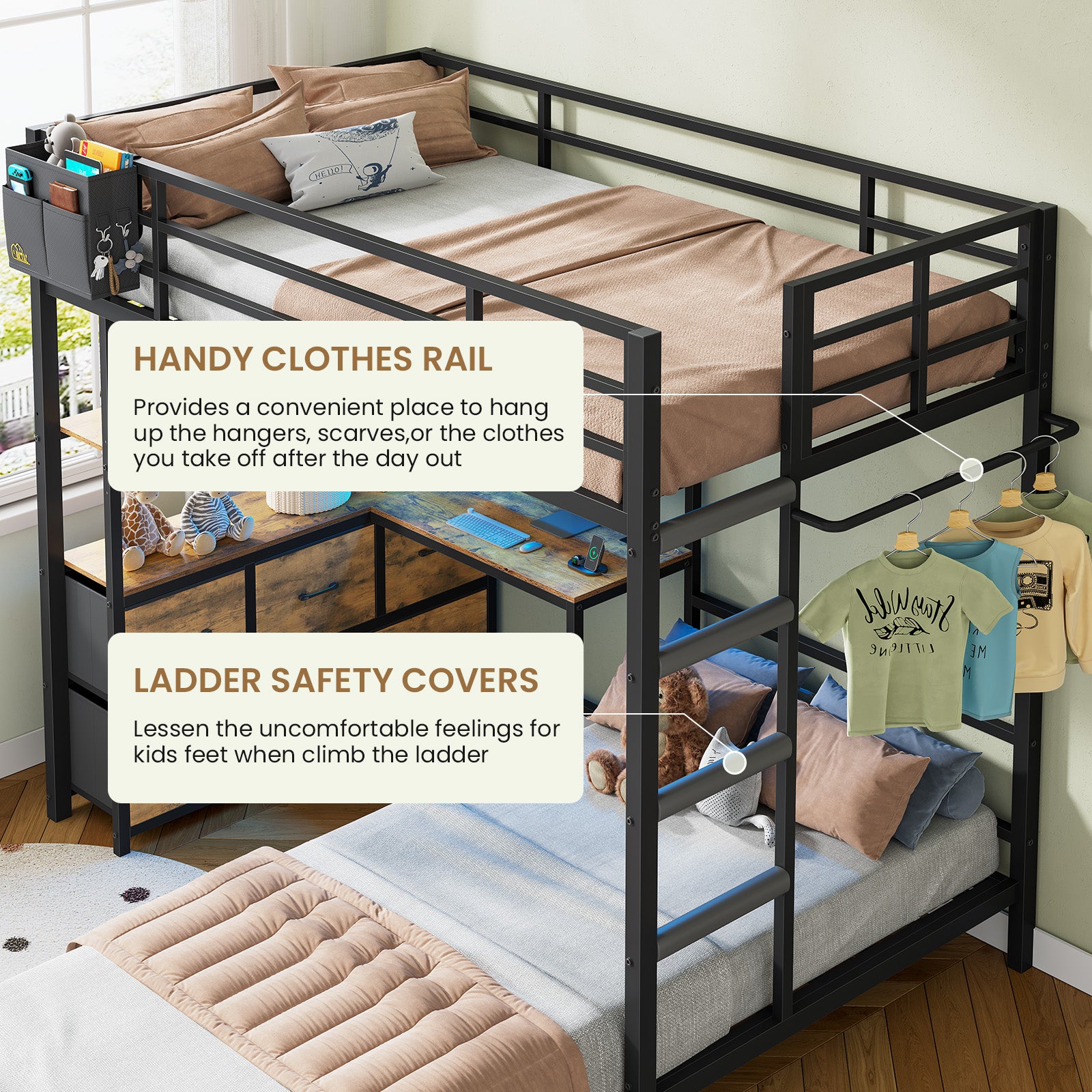 L-Shaped Bunk Bed Twin XL Over Twin Size Metal Bunk Bed with Charging Station and LED Lights and Drawers&Shelves for Bedroom, White
