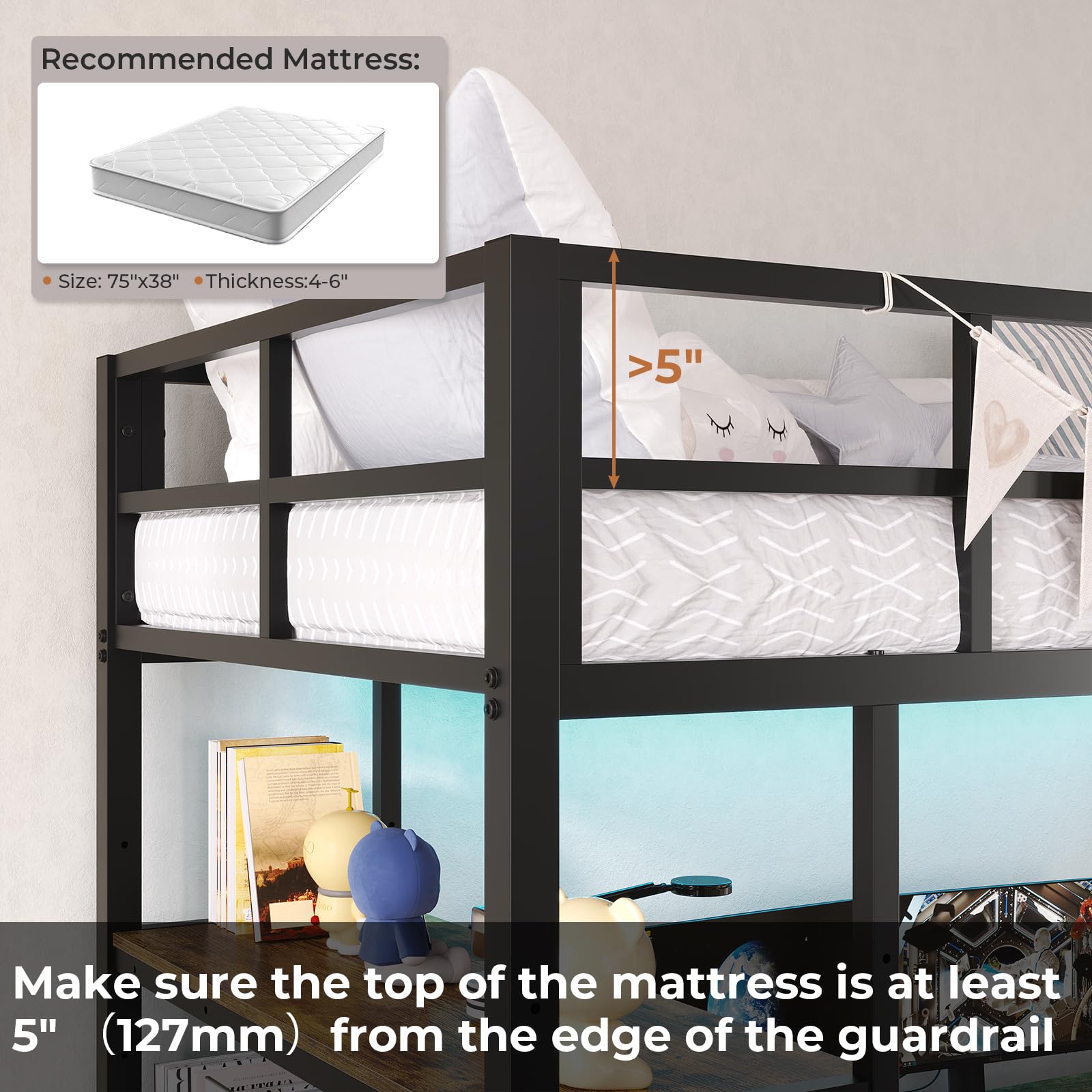 Twin Size Metal Loft Bed Frame with L-Shaped Desk&LED Lights&Charging Station, Black LED Loft Bed with 3 Storage Shelves&Drawers, No Box Spring Needed