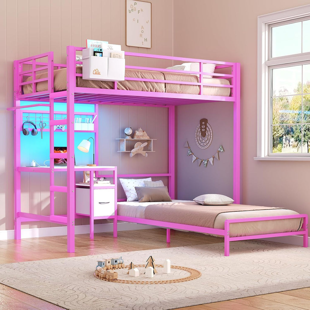 Mabor Metal Bunk Bed with Desk Twin Over Twin Size Bunk Bed with Charging Station and LED Lights, Twin Size Loft Bed Frame with Storage Shelves and Drawers for Bedroom, No Box Spring Needed, Black