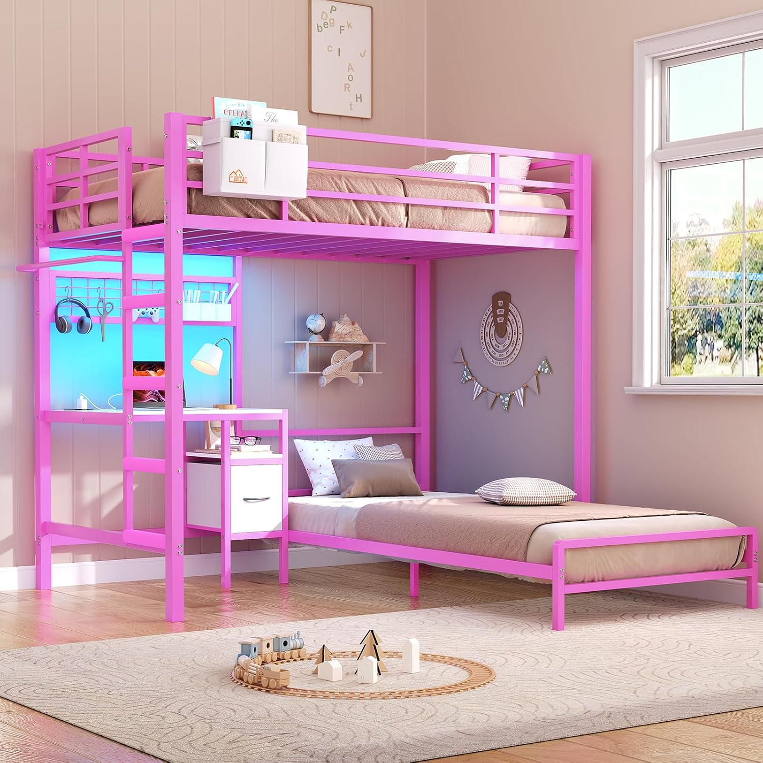 Mabor Metal Bunk Bed with Desk Twin Over Twin Size Bunk Bed with Charging Station and LED Lights, Twin Size Loft Bed Frame with Storage Shelves and Drawers for Bedroom, No Box Spring Needed, Black