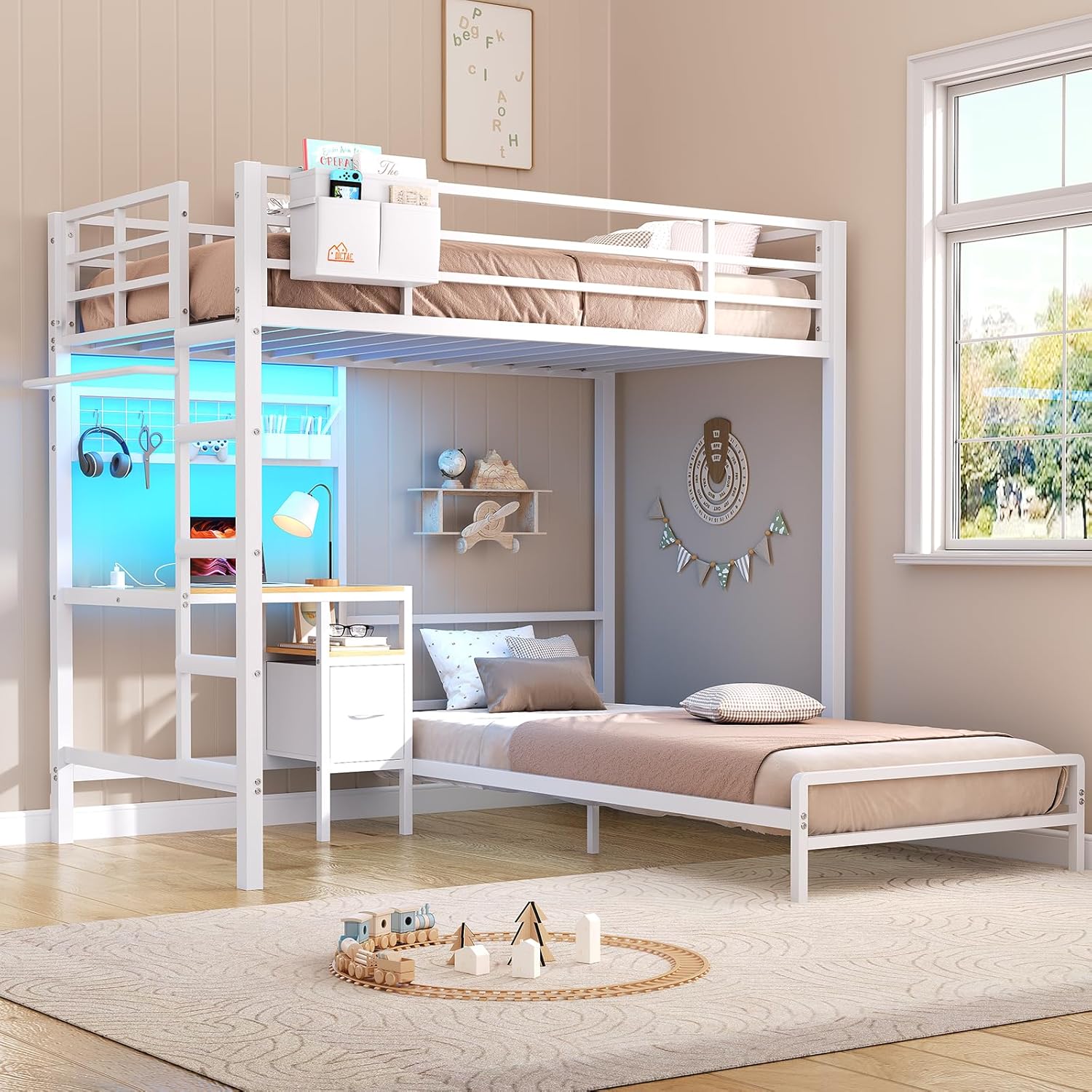 Mabor Metal Bunk Bed with Desk Twin Over Twin Size Bunk Bed with Charging Station and LED Lights, Twin Size Loft Bed Frame with Storage Shelves and Drawers for Bedroom, No Box Spring Needed, Black