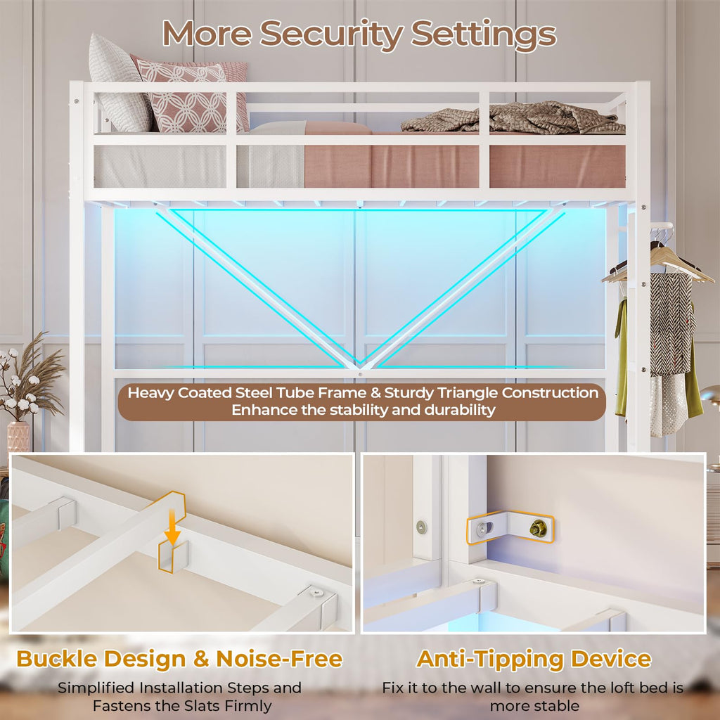 Twin Size Loft Bed Frame with Led Lights, Metal Loft Bed Frame with Full-Length Guardrail and Ladder, No Box Spring Needed, White