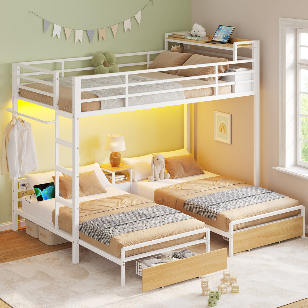 Mabor Triple Bunk Bed with LED Lights and Charging Station, Twin Over Twin Over Twin Loft Bed Frame with 3 Storage Drawers&Study Desk&Guardrails and Ladder, Black/White