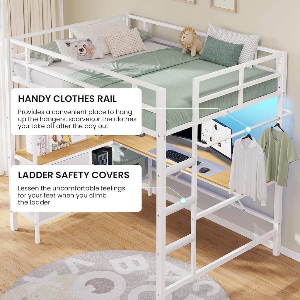 Full Size Loft Bed Frame with Desk&LED Lights&Charging Station&3 Storage Drawers, Black/White/Pink