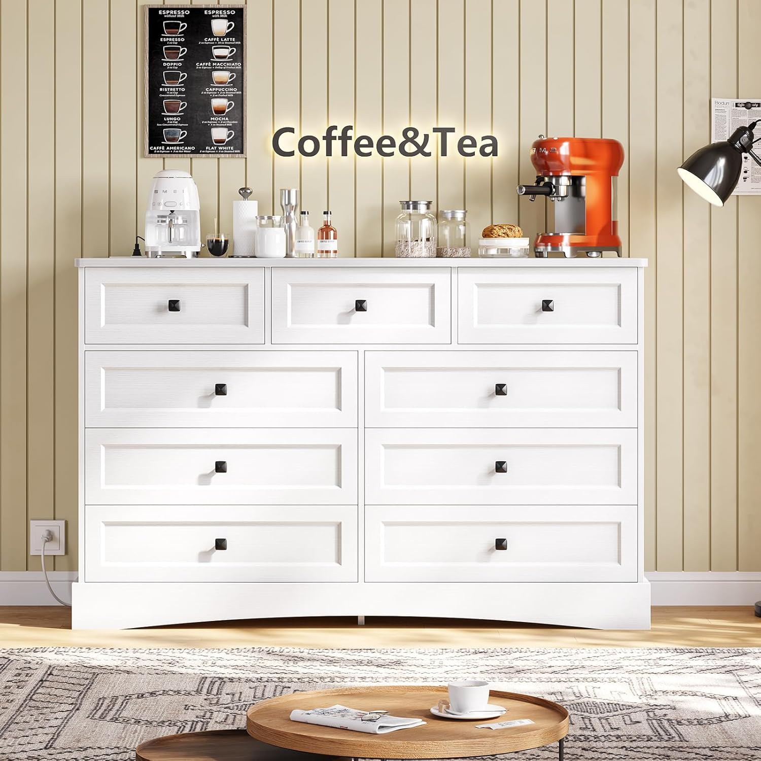 Mabor 9 Drawers Dresser with Charging Station for Bedroom, Chest of Drawers with 9 Drawers, Black/White
