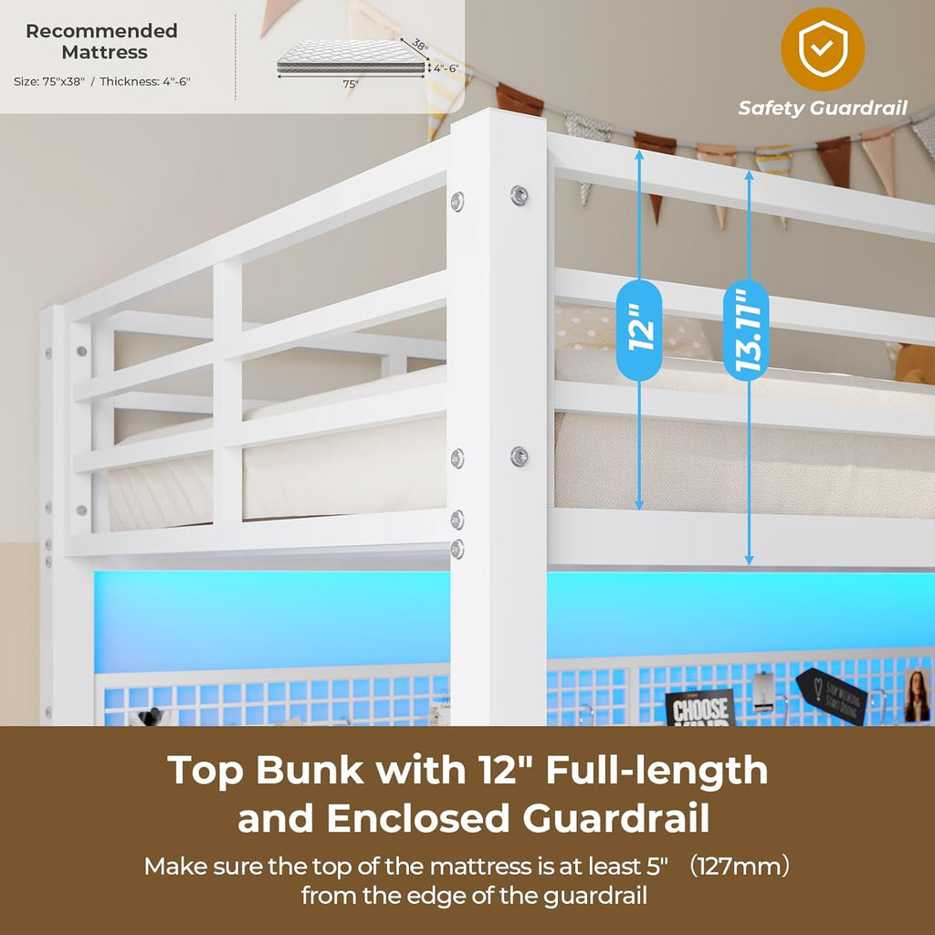 Twin Over Twin Metal Bunk Bed with Desk, Twin Size Loft Bed with Led Lights and Charging Station, Safety Guard and Stair, Convertible Metal Bunk Bed