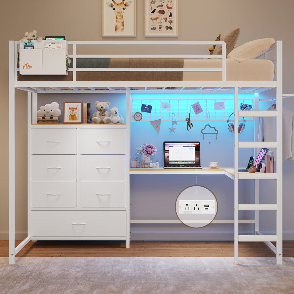 Mabor Twin/Full Size Loft Bed Frame with L-Shaped Desk & Charging Station & LED Lights & 7 Storage Drawers for Bedroom, Black/White