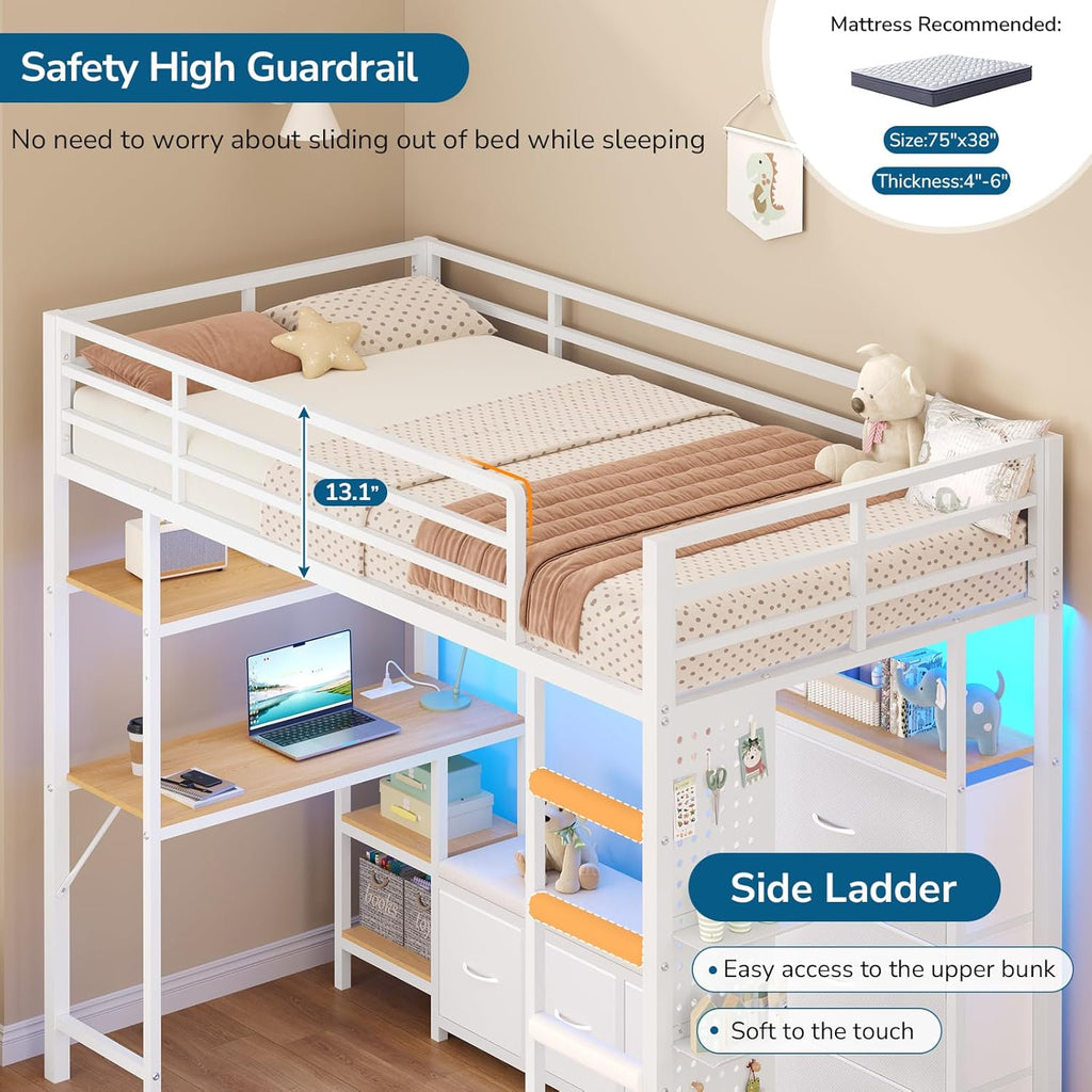 Mabor Twin Size Loft Bed with Desk and 6 Storage Drawers and LED Lights and Charging Station and Large Pegboard,Black/White