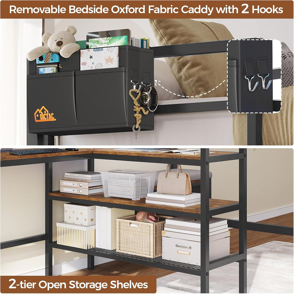 Twin Size Loft Bed with L-Shaped Desk&LED Lights&Charging Station, Twin Metal Loft Bed with Storage Shelves&Drawers,Top Bunk with Safety Guard & Stair, Black