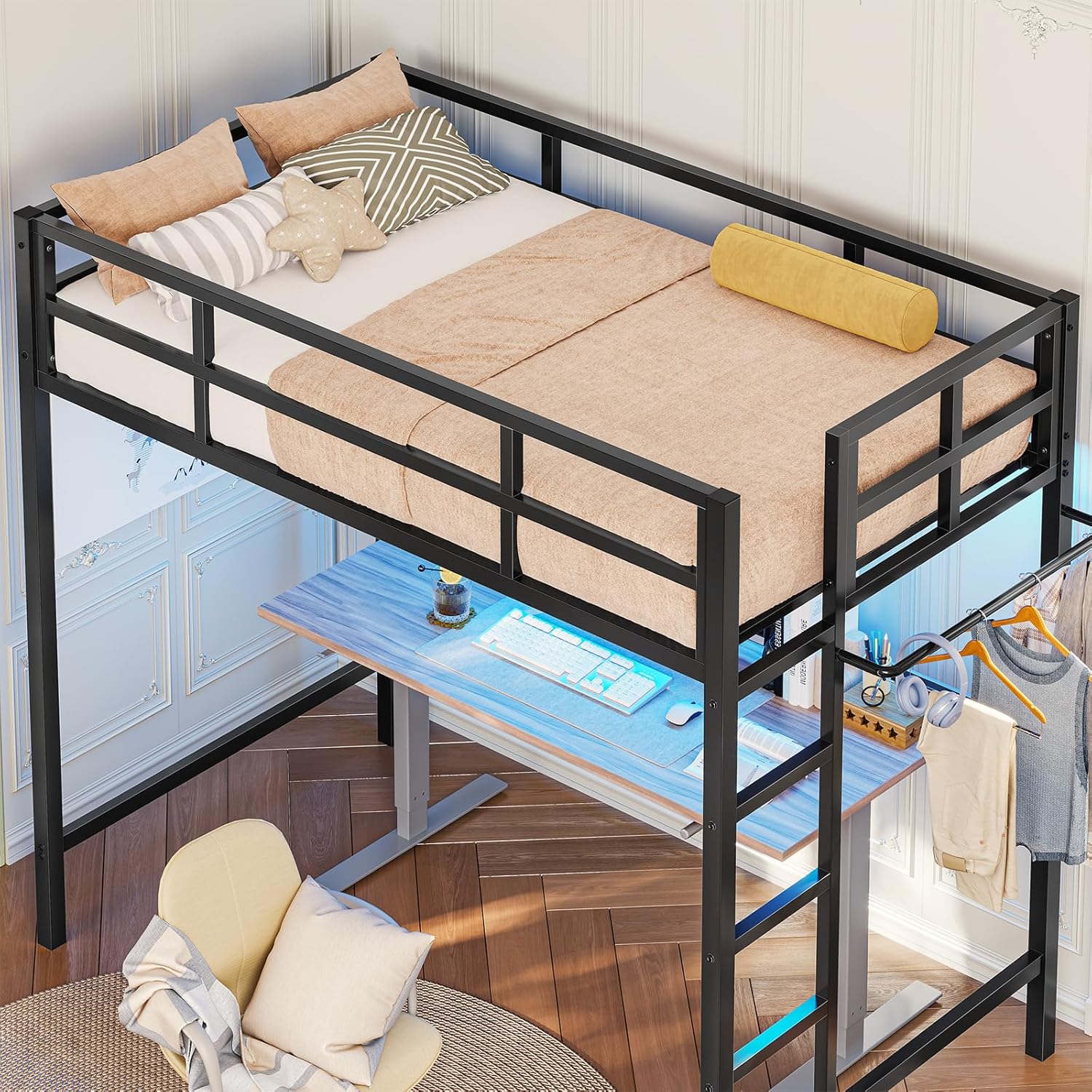 Twin Size Loft Bed Frame with Led Lights, Metal Loft Bed Frame with Full-Length Guardrail and Ladder, No Box Spring Needed, White