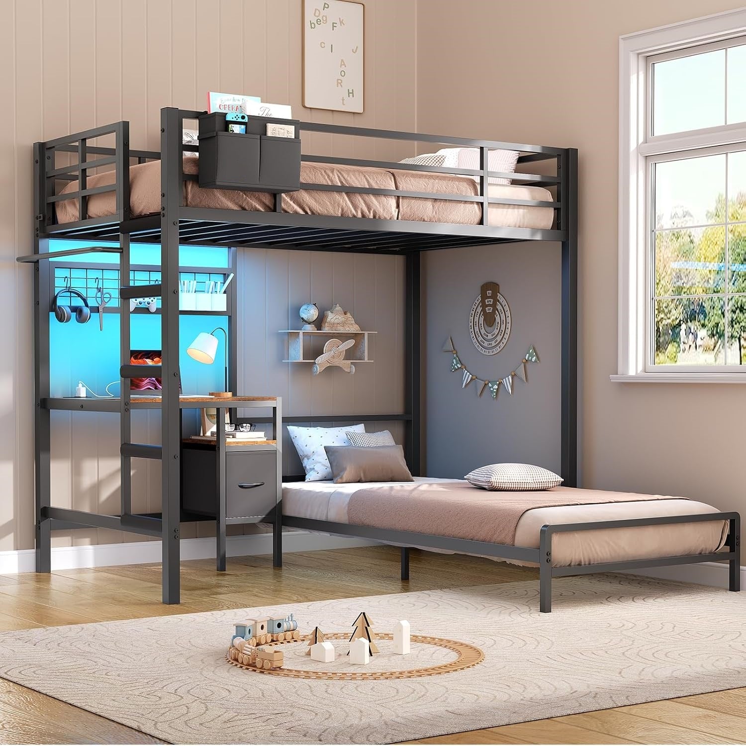 Mabor Metal Bunk Bed with Desk Twin Over Twin Size Bunk Bed with Charging Station and LED Lights, Twin Size Loft Bed Frame with Storage Shelves and Drawers for Bedroom, No Box Spring Needed, Black
