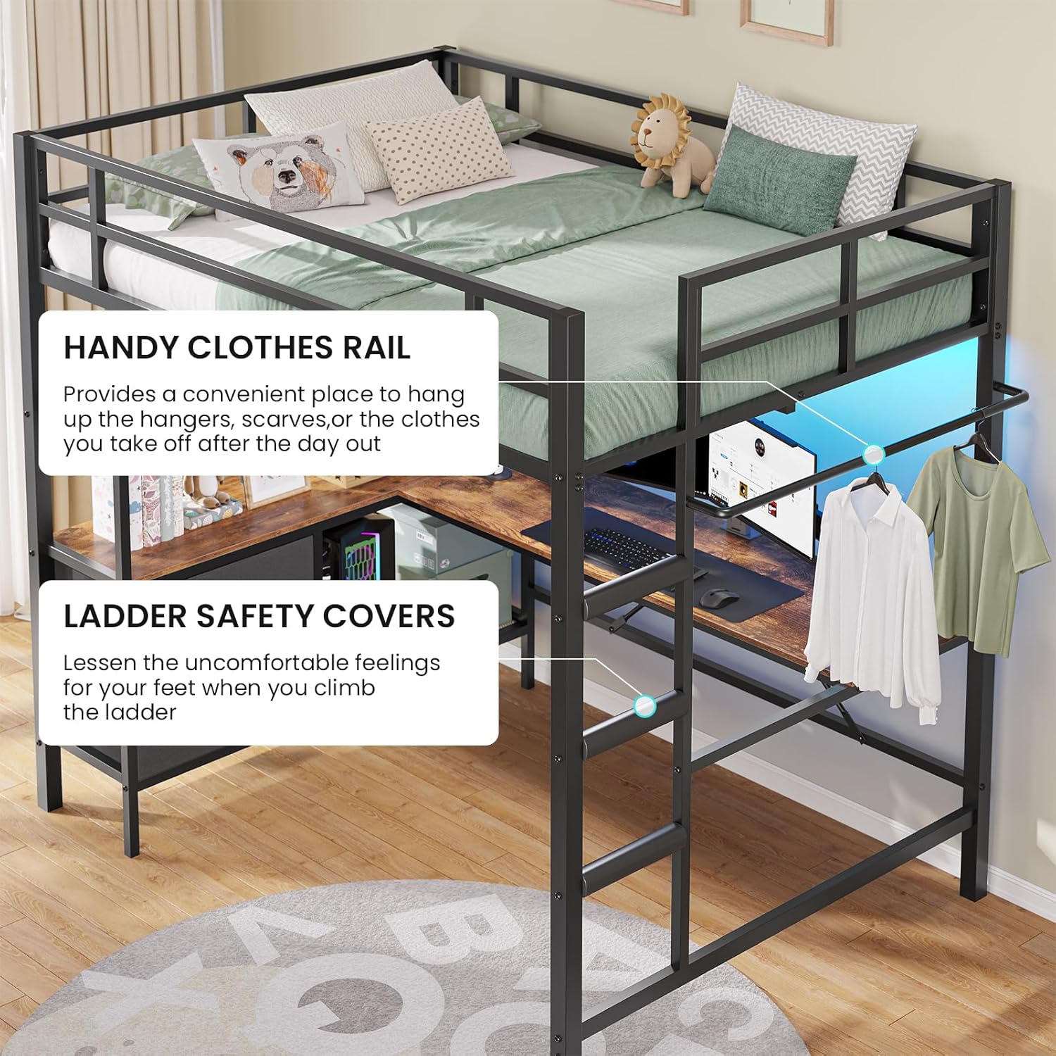 Full Size Loft Bed Frame with Desk&LED Lights&Charging Station&3 Storage Drawers, Black/White/Pink