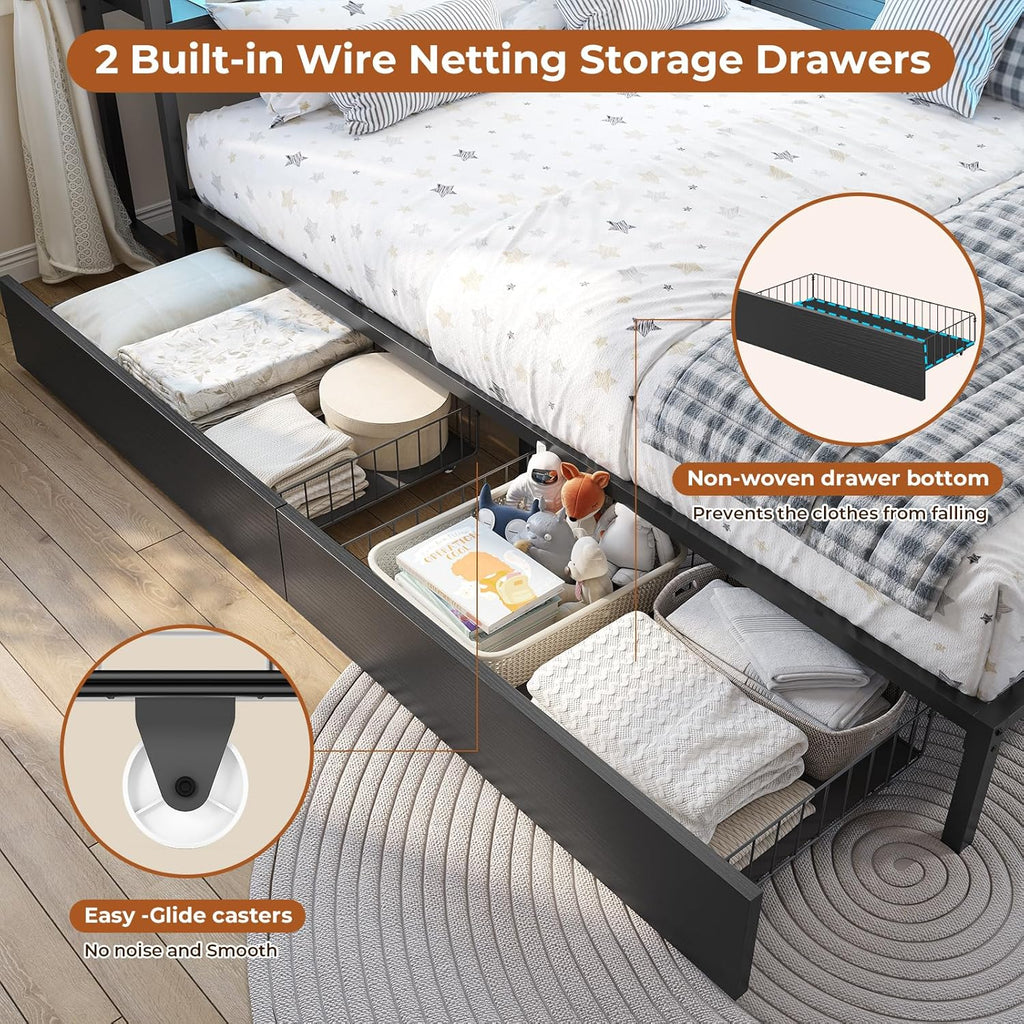 Mabor Corner Bed Frame Twin/Full Size Daybeds with 2 Drawers & Charging Station & Storage Shelves for Bedroom, Black/Gray