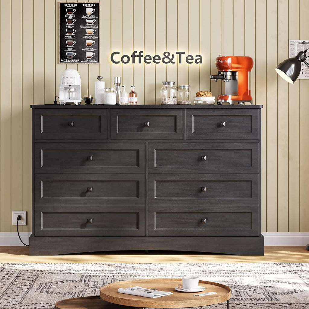 Mabor 9 Drawers Dresser with Charging Station for Bedroom, Chest of Drawers with 9 Drawers, Black/White