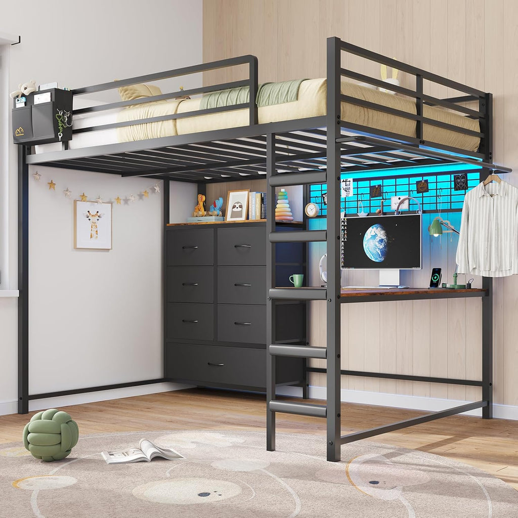 Mabor Twin/Full Size Loft Bed Frame with L-Shaped Desk & Charging Station & LED Lights & 7 Storage Drawers for Bedroom, Black/White