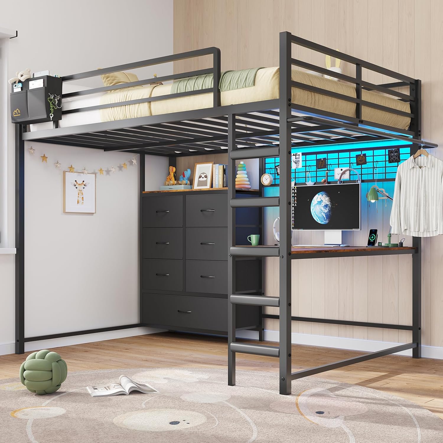 Mabor Twin/Full Size Loft Bed Frame with L-Shaped Desk & Charging Station & LED Lights & 7 Storage Drawers for Bedroom, Black/White