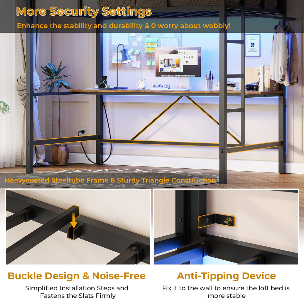 Twin Size Loft Bed Frame with Desk&Charging Station&Led Lights&Clothes Rail, Black/White