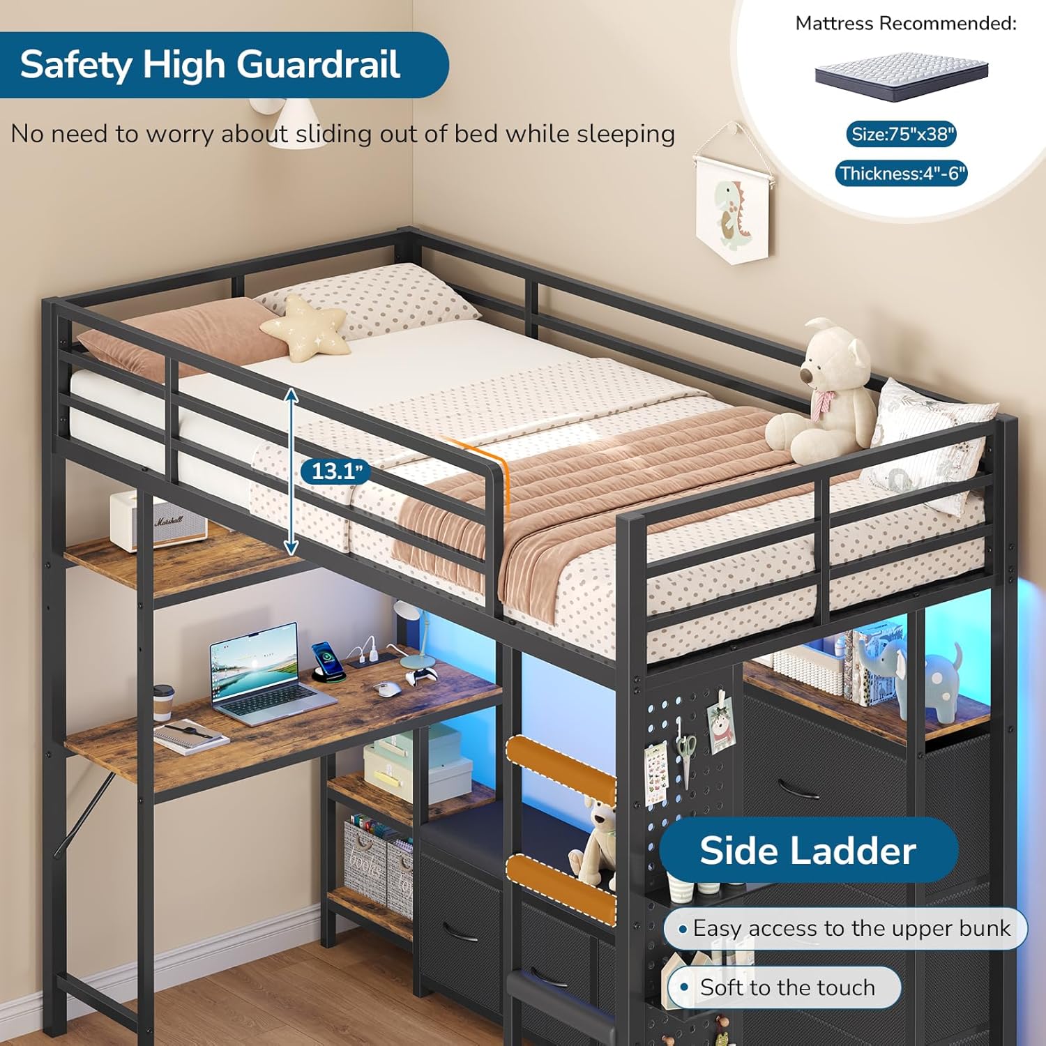 Mabor Twin Size Loft Bed with Desk and 6 Storage Drawers and LED Lights and Charging Station and Large Pegboard,Black/White