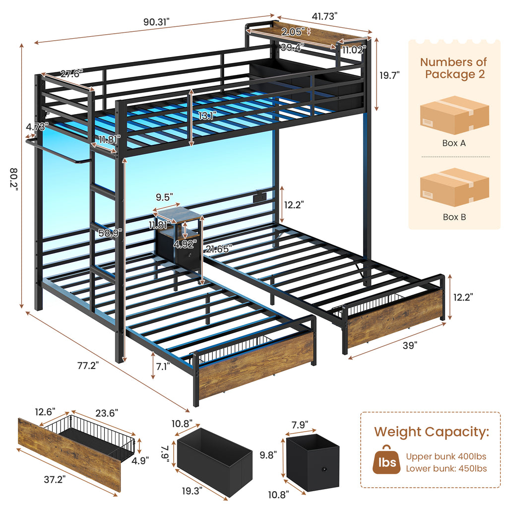Mabor Triple Bunk Bed with LED Lights and Charging Station, Twin Over Twin Over Twin Loft Bed Frame with 3 Storage Drawers&Study Desk&Guardrails and Ladder, Black/White