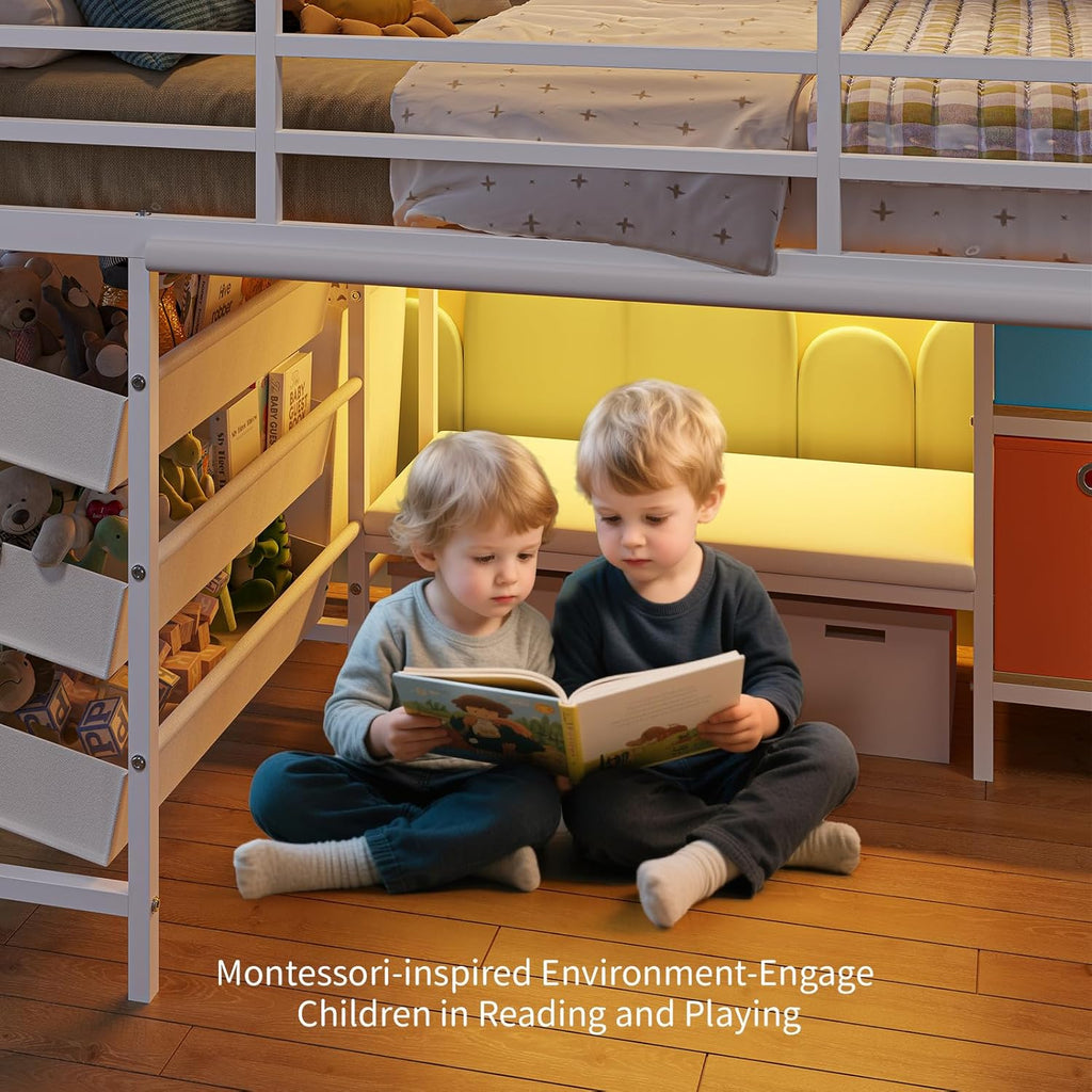 Mabor Twin Size Loft Bed with LED Lights & Reading Bench & Bookshelf & Storage Basket & Stairs for Bedroom, Black/White/Pink
