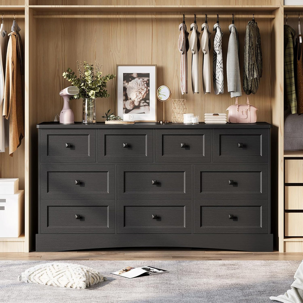 Mabor 10 Drawers Dresser with Charging Station for Bedroom, Farmhouse Chest of Drawers, Black/White