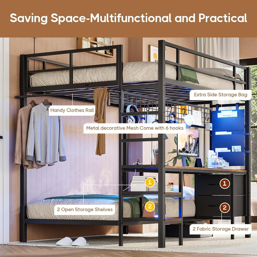 Full Over Twin Size Bunk Bed with Desk&Charging Station&LED Lights&Drawers&Storage Shelves, Full Over Twin Metal Loft Bed for Adults, No Box Spring Needed, White
