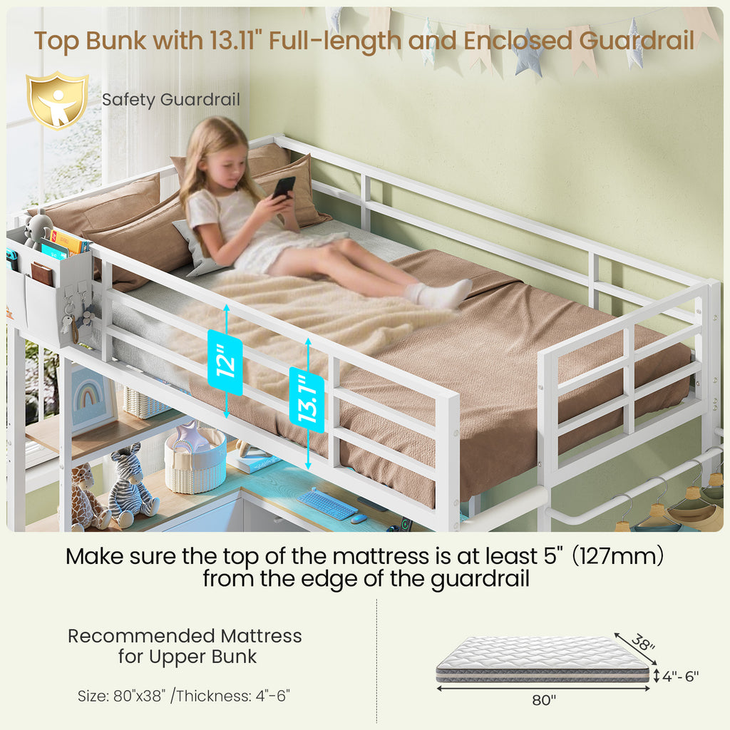 L-Shaped Bunk Bed Twin XL Over Twin Size Metal Bunk Bed with Charging Station and LED Lights and Drawers&Shelves for Bedroom, White