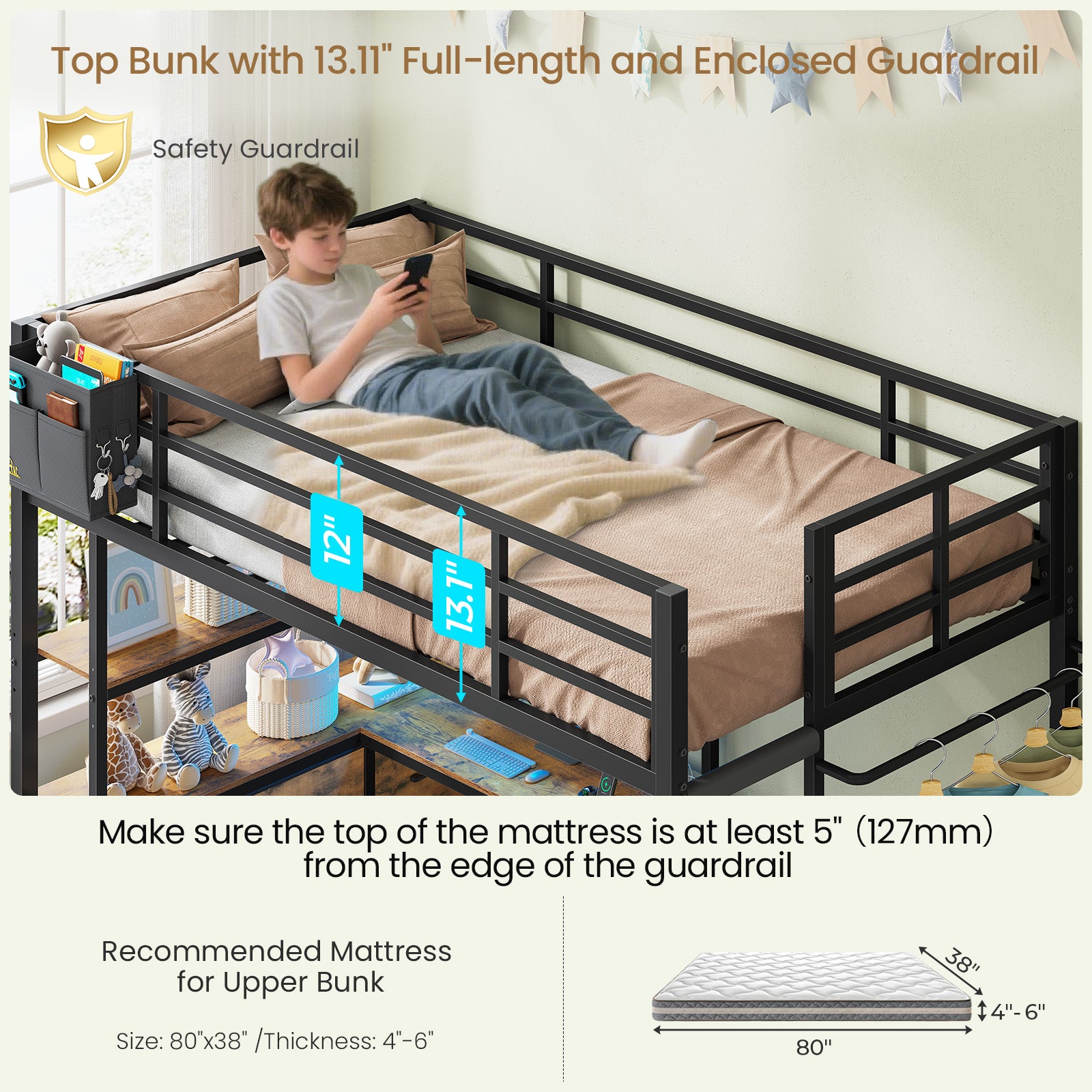 L-Shaped Bunk Bed Twin XL Over Twin Size Metal Bunk Bed with Charging Station and LED Lights and Drawers&Shelves for Bedroom, White
