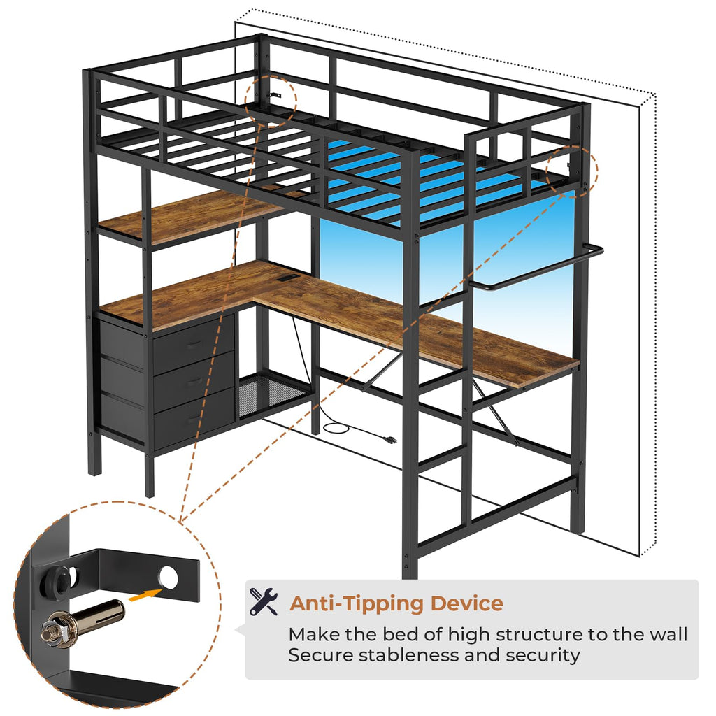 Twin Size Metal Loft Bed Frame with L-Shaped Desk&LED Lights&Charging Station, Black LED Loft Bed with 3 Storage Shelves&Drawers, No Box Spring Needed