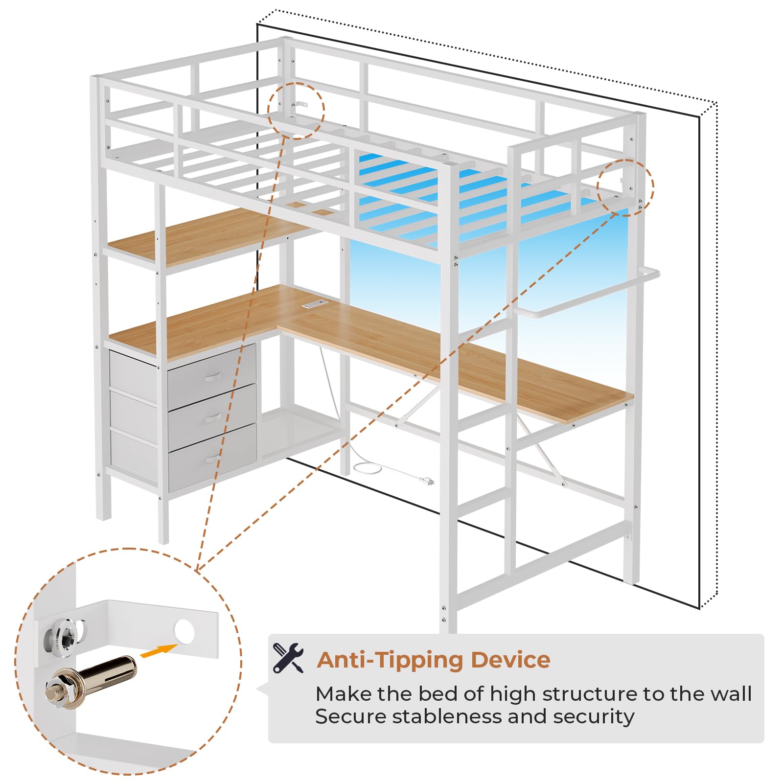 Twin Size Metal Loft Bed Frame with L-Shaped Desk&LED Lights&Charging Station, Black LED Loft Bed with 3 Storage Shelves&Drawers, No Box Spring Needed