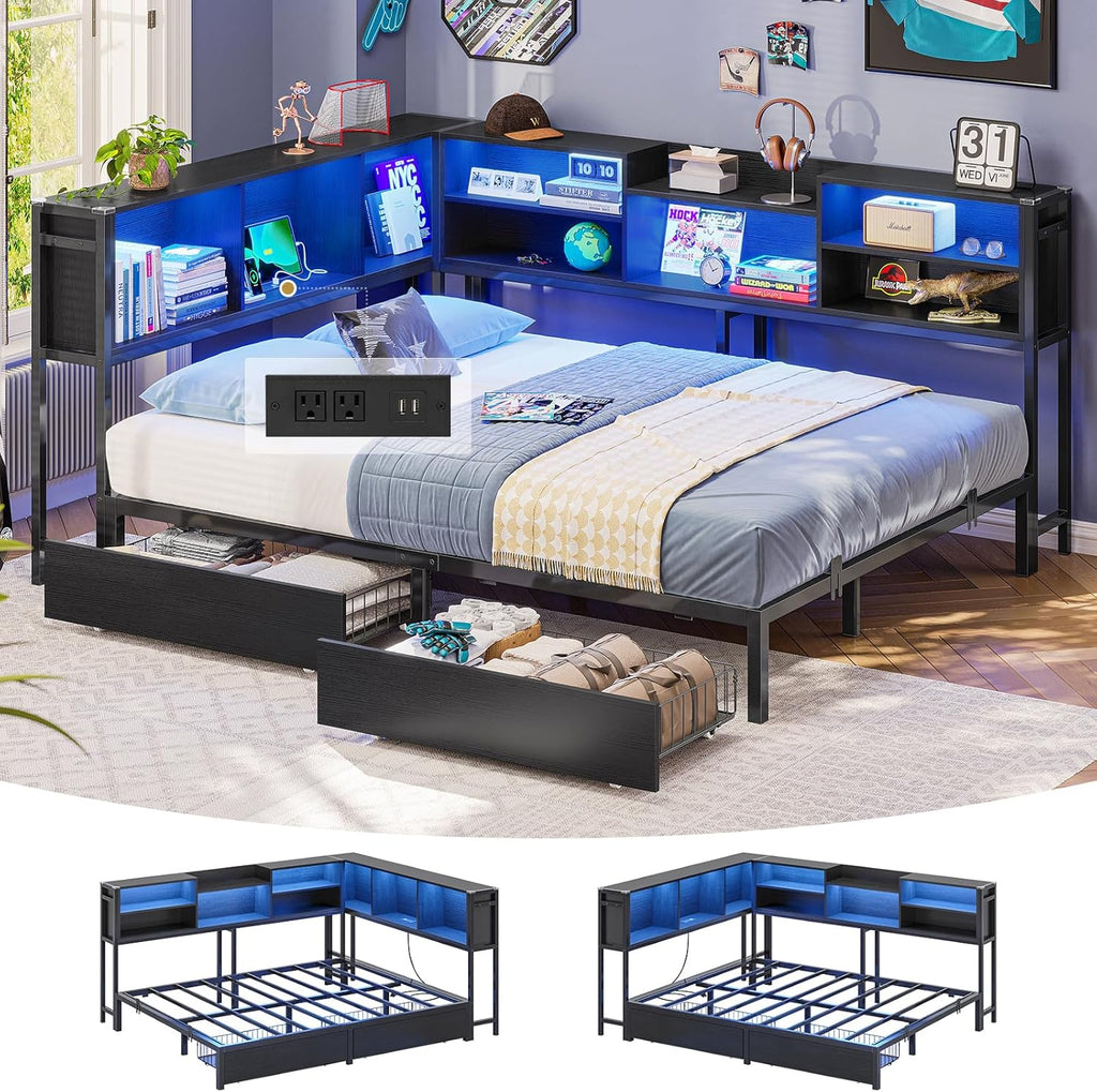 Mabor Metal Daybed Corner Bed Frame with 2 Drawers & Charging Station & Led Light &Bookcase Storage, Twin/Twin XL/Full Size
