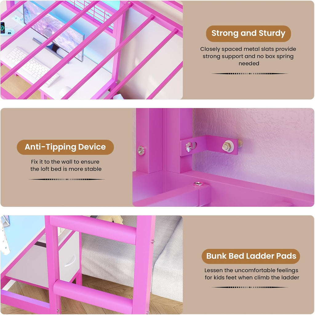 Mabor Metal Bunk Bed with Desk Twin Over Twin Size Bunk Bed with Charging Station and LED Lights, Twin Size Loft Bed Frame with Storage Shelves and Drawers for Bedroom, No Box Spring Needed, Black