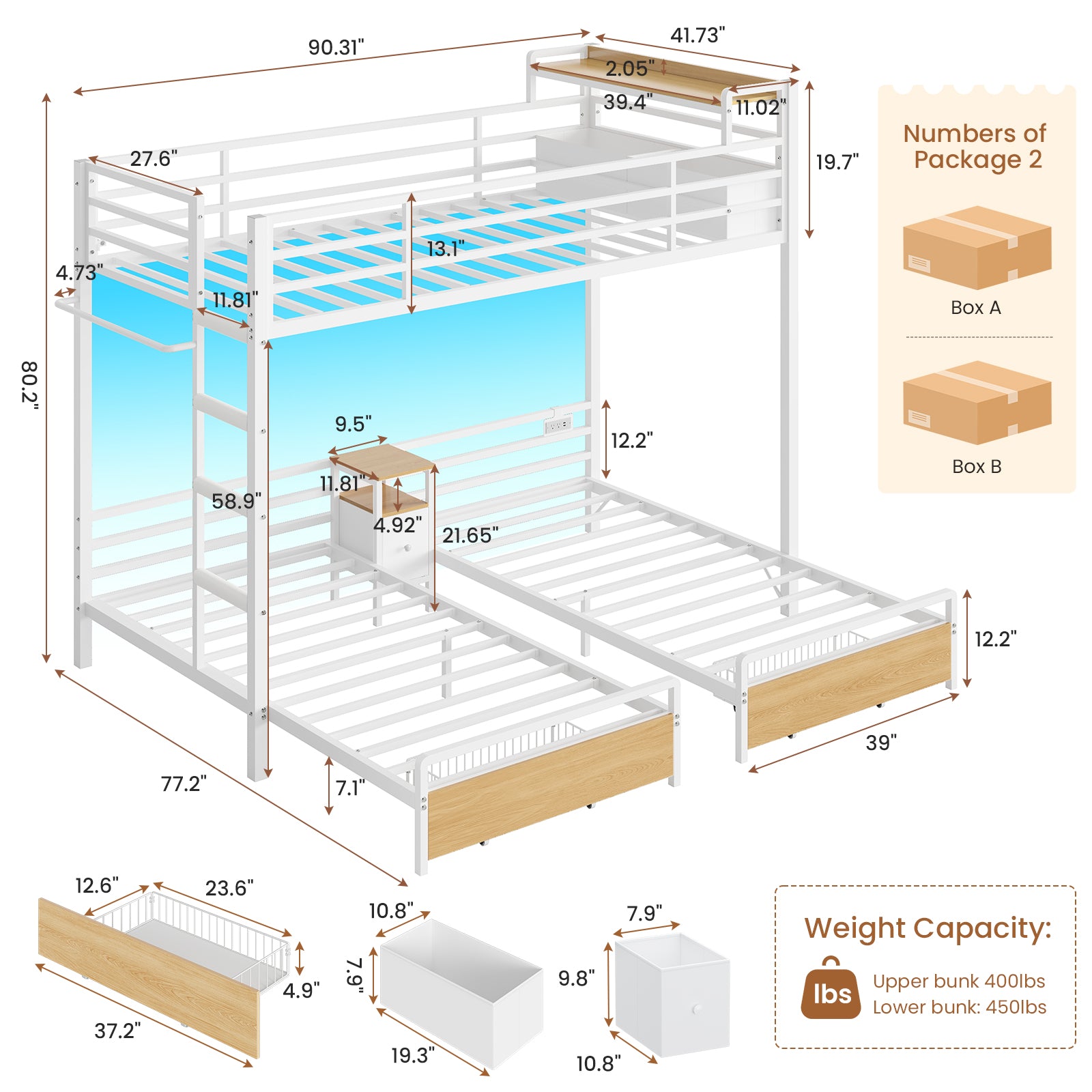 Mabor Triple Bunk Bed with LED Lights and Charging Station, Twin Over Twin Over Twin Loft Bed Frame with 3 Storage Drawers&Study Desk&Guardrails and Ladder, Black/White