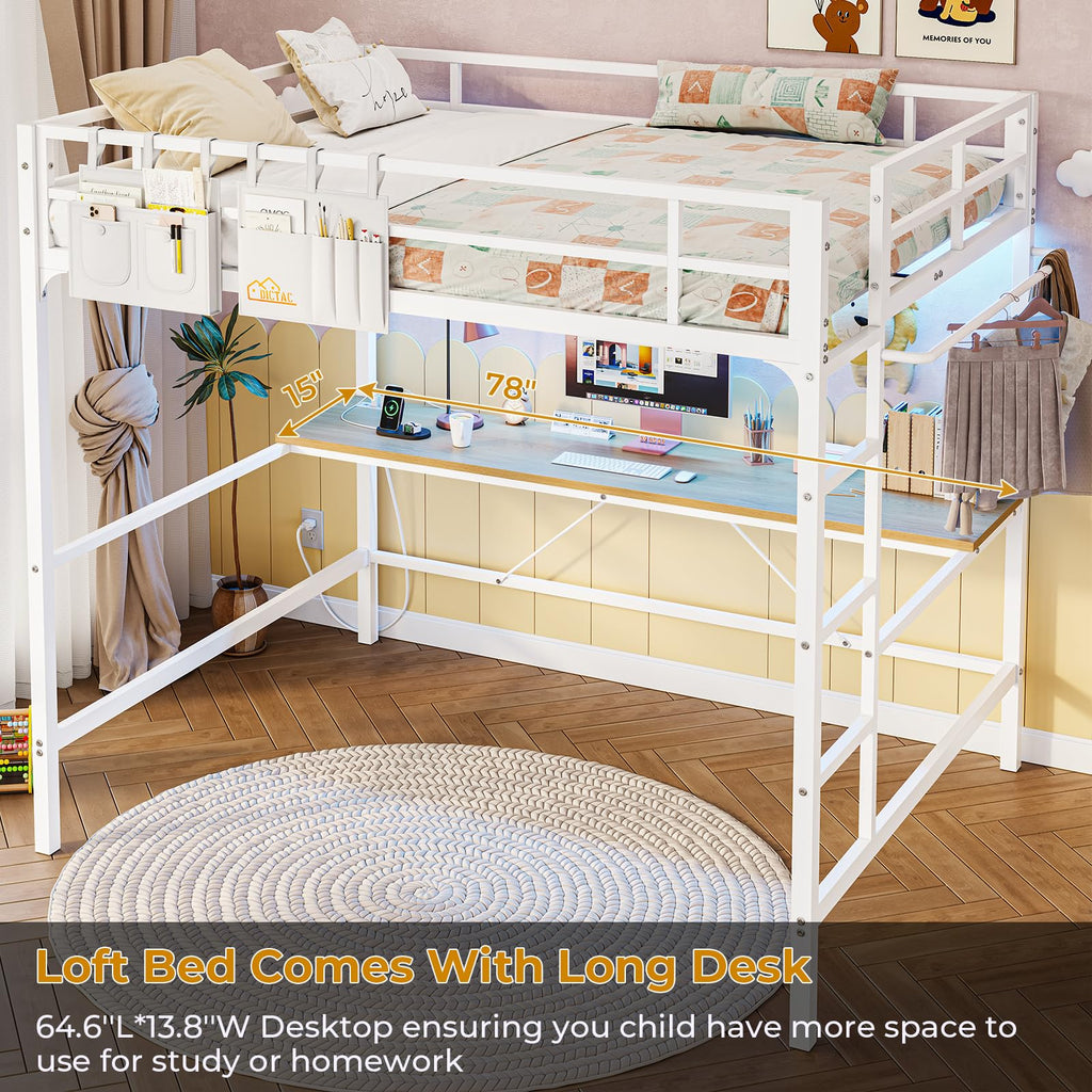 Loft Bed Frame Full Size Heavy Duty Metal Loft Bed with Desk&Charging Station&Led Lights&Clothes Rail, Safety Guard & Ladder, No Noise, Black