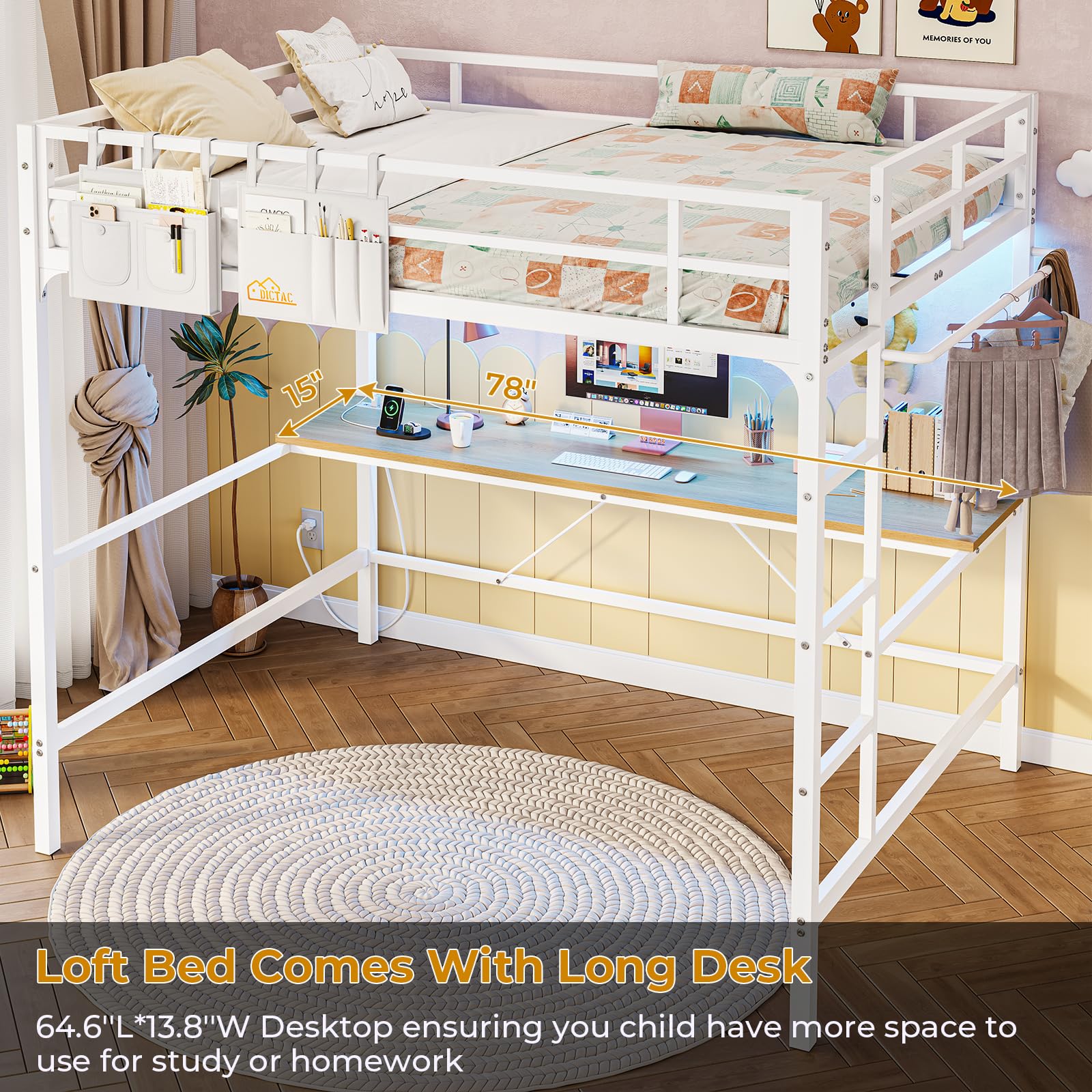 Loft Bed Frame Full Size Heavy Duty Metal Loft Bed with Desk&Charging Station&Led Lights&Clothes Rail, Safety Guard & Ladder, No Noise, Black
