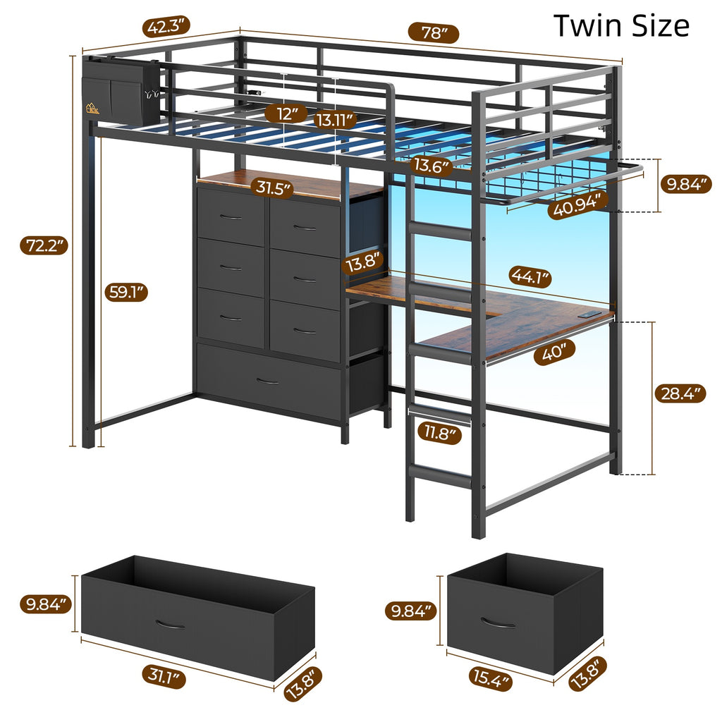 Mabor Twin/Full Size Loft Bed Frame with L-Shaped Desk & Charging Station & LED Lights & 7 Storage Drawers for Bedroom, Black/White