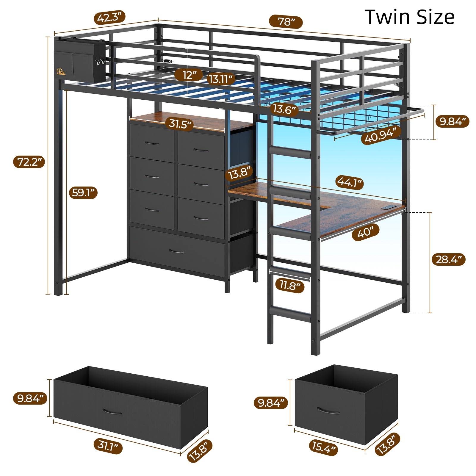 Mabor Twin/Full Size Loft Bed Frame with L-Shaped Desk & Charging Station & LED Lights & 7 Storage Drawers for Bedroom, Black/White